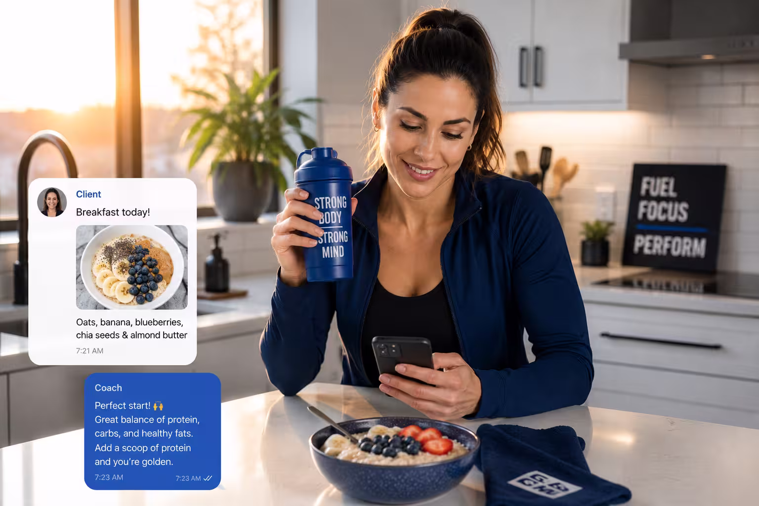 Sarah replying to a client's breakfast photo over her morning shake